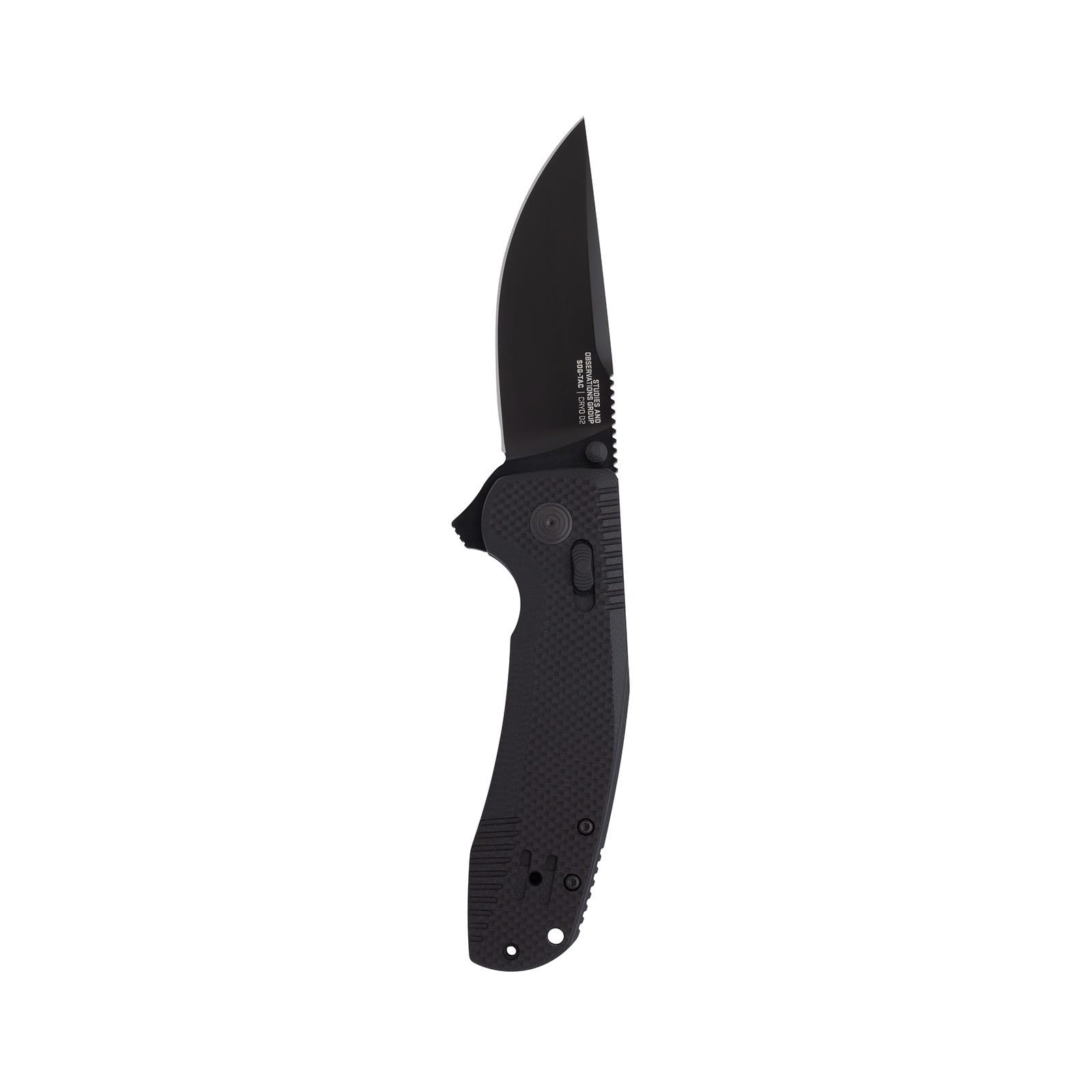 SOG TAC XR Folding Knife | 3.4" D2 Tool Steel Blade & Ultra-Grip G10 Handle | Ambidextrous Single-Handed Use, Blackout