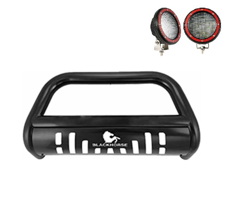 Bull Bar Black Horse Skid Plate Come with Pair of 5.3" Dia. LED Flood Lights with Red Trim Rings Compatible with 2001-2005 Toyota RAV4-CBB-TOB4501SP-PLFR