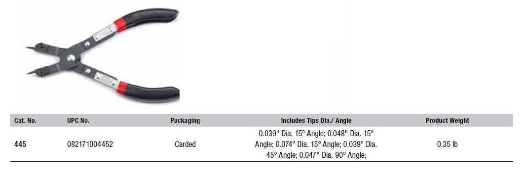 6-1/2" GEARWRENCH Interchangeable Tip Internal Snap Ring Pliers - 445