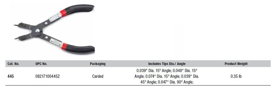6-1/2" GEARWRENCH Interchangeable Tip Internal Snap Ring Pliers - 445