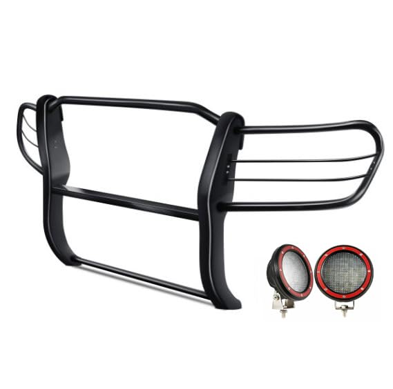 Bumper Guard Black Horse Grille Brush Modular Black Come with Pair of 5.3" Dia.LED Lights with Red Trim Rings Compatible with 1998-2007 Toyota Land Cruiser-17SG598MA-PLFR