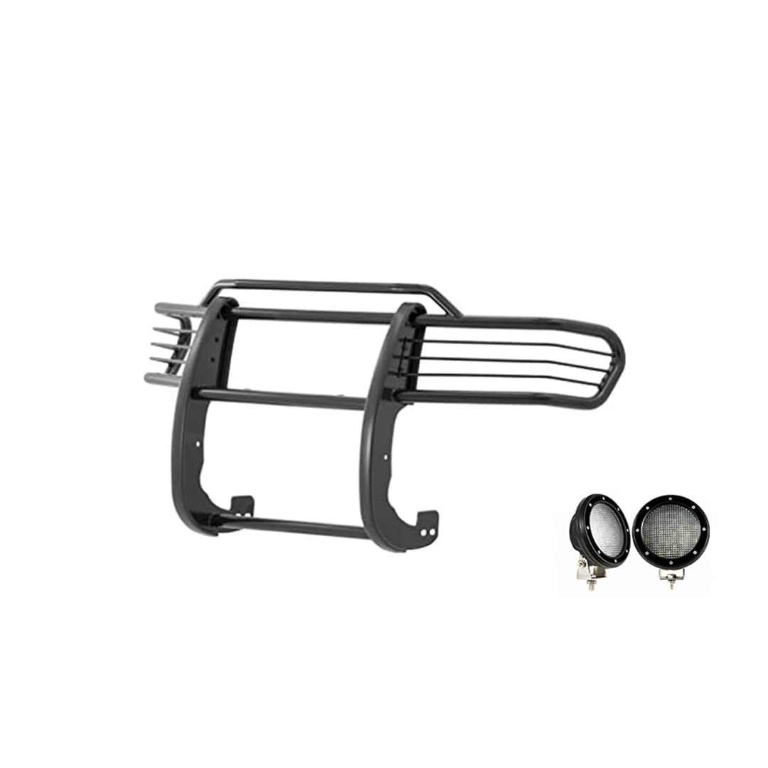 Grille Brush Black Horse Bumper Guard Modular Black Come with Pair of 5.3" Dia.LED Lights with Black Trim Rings Compatible with 2007-2014 Toyota FJ Cruiser-17A098600MA-PLFB