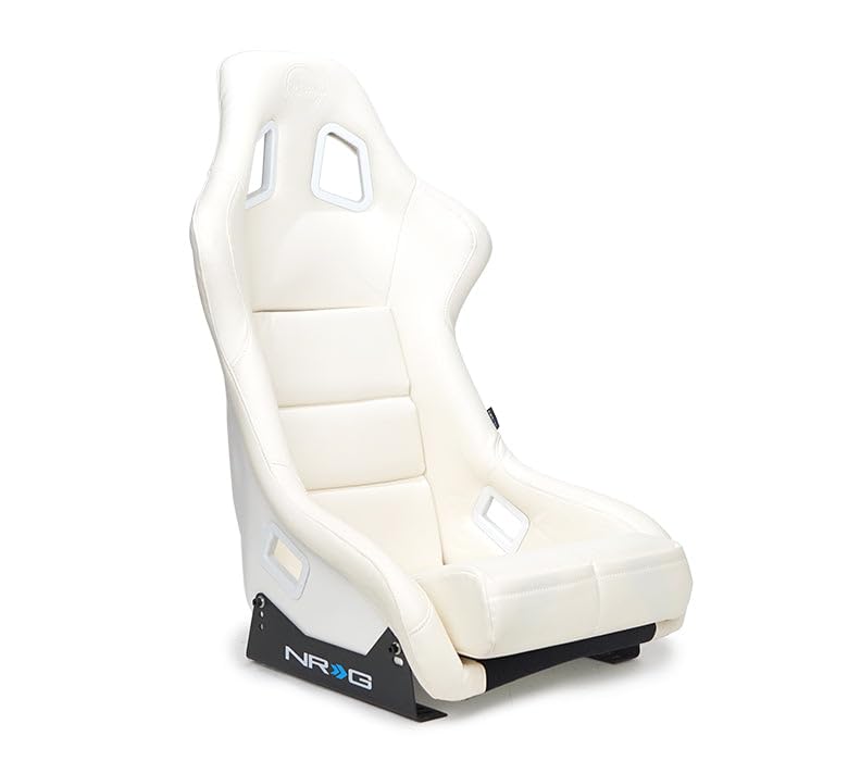 NRG Innovations Universal Vinyl Fixed Back Bucket Racing Seat FRP-302WT-V with Bottom Mount Bracket(Large), White Seat Cover, 21"W X 18" D X 36" H