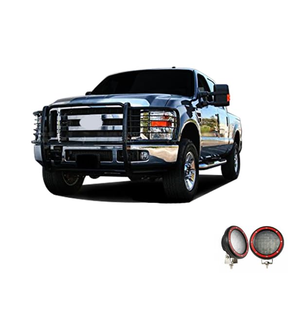 Bumper Guard Black Horse Grille Brush Modular Black Come with Pair of 5.3" Dia.LED Lights with Red Trim Rings Compatible with 2011-2014 Silverado 2500 HD|2011-2014 Silverado 3500 HD-17GT26MA-PLFR