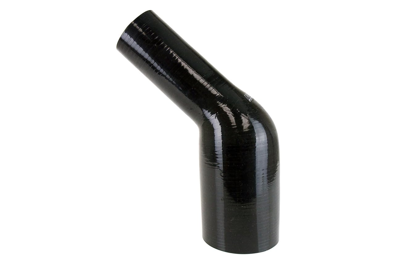 HPS Silicone High Temperature HTSER45-200-225-BLK 4-ply Reinforced 45 degree Elbow Reducer Coupler Hose, 55 PSI Maximum Pressure, 4" Leg Length on each side, 2" > 2-1/4" ID, Black