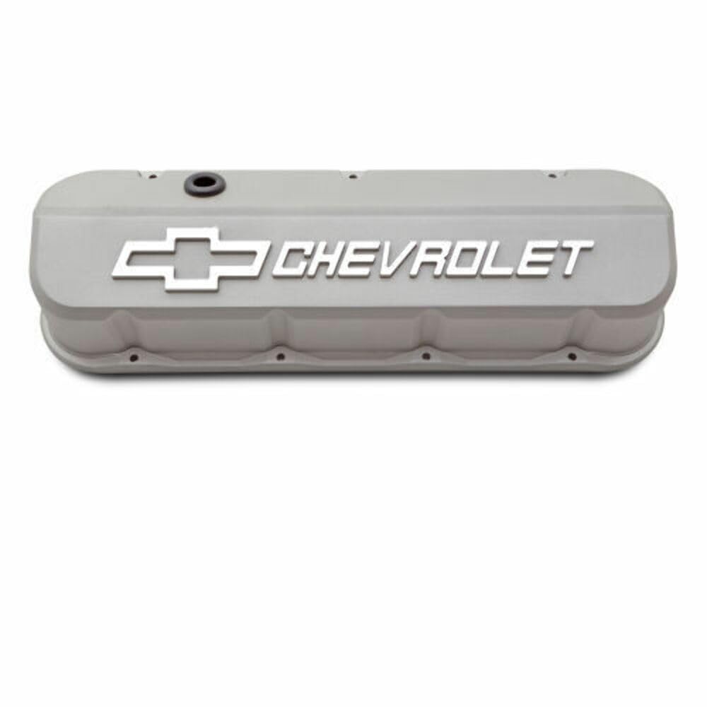 Proform Slant-Edge Valve Cover, Tall, Baffled, Breather Hole, Raised Chevrolet Logo, Aluminum, Gray Crinkle Powder Coat