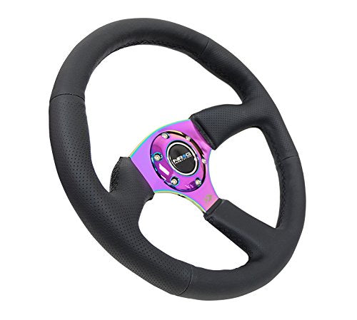 NRG Innovations Reinforced NRG-RST-023MC-R Steering Wheel 350mm Diameter 50mm Depth Sport Leather Racing (2.5" Deep) Comfort Grip, 4mm Metal Neochrome Spoke Double Riveted Spokes