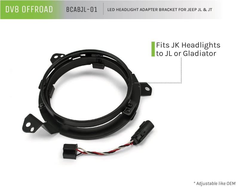 Offroad DV8 Headlight Adapter Kit for 2018+ Wrangler JL & 2020+ Gladiator JT | Allows Use of 7" Round Headlights | Wiring Included | Sold as Pair