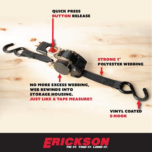 Pro Series Erickson 1in x 6ft Black Retractable Ratcheting Tie-Down Straps, 1500 lb Load Capacity, Pack of 2