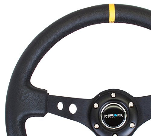 NRG Innovations Reinforced NRG-RST-006BK-Y Steering Wheel 350mm Sport Steering Wheel (3" Deep) Black Spoke With Round Holes/Black Leather/Yellow Stripes