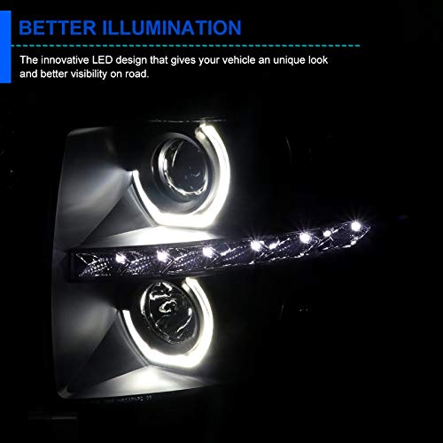 Black Smoke Spec-D Tuning Halo Projector Headlights w/LED Compatible with 2007-2013 Chevy Silverado 1500, 2007-2014 Chevy Silverado 2500HD/3500HD, Left + Right Pair Headlamps Assembly