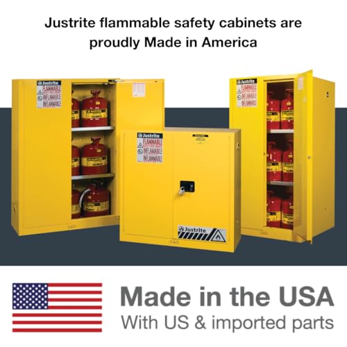 Justrite 2 Gallon Countertop Manual Close Flammable Storage Cabinet, 18 Gauge Steel, 1 Shelf, 1 Door Fire Cabinet, 22" x 17" x 8, Made in The USA, Yellow, 890200