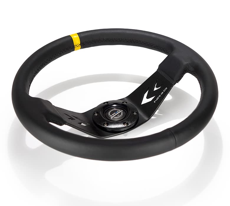 NRG Innovations Reinforced NRG-RST-022R-Y Steering Wheel Two Spoke 350mm Sport Arrow Cut Out (3" Deep) Black Leather, Yellow Center Marking