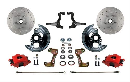 Power Front Disc Brake Kit Leed Brakes Drilled And Slotted Rotors Red Powder Coated Calipers With 8" Dual Booster and Adjustable Proportioning Valve