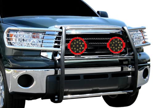 Bumper Guard Modular Black Horse Grille brush Stainless Steel Come With pair of 7.0"Dia.LED Lights with Red Trim Rings Compatible with 2008-2022 Toyota Sequoia|2007-2021 Toyota Tundra-17A098900MSS-PLR