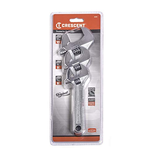 Crescent 3 Pc. Wrench Set Adjustable 6", 8" & 10" - Mechanical & Plumbing Wrenches - With Larger Knurl & Hex Jaw - Chrome Plated to Resist Rust & Corrosion - Reduces Fatigue - Hand Tools - AC3PC