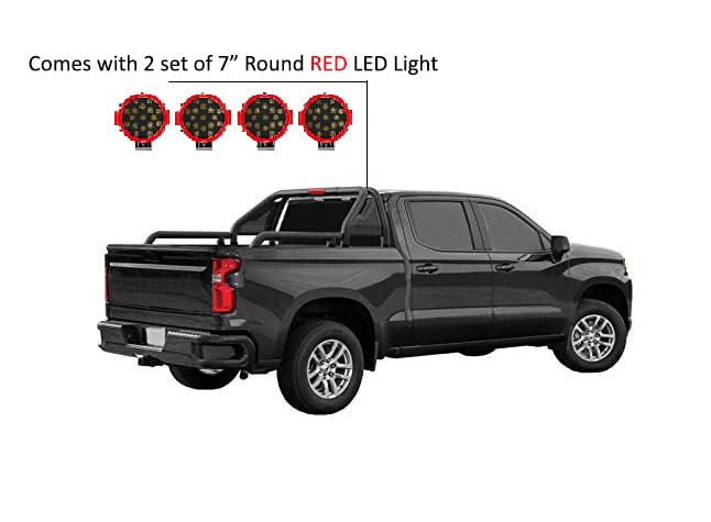 Gladiator Roll Bar Black Horse Incl. Pair of 7.0" Dia. Led Lights w/Red Trim Rings Modular Black Compatible with Universal Roll Bar for 1/2 Ton Trucks (GM-Ford-Dodge- Tundra) -GLRB-01B-PLR