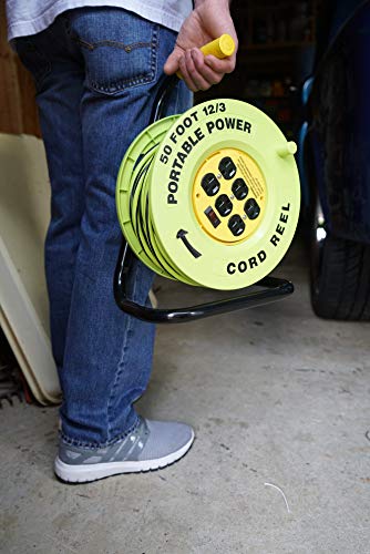 Power Stations Southwire E-235 Cord Reel - 14/3 Gauge with 6 Grounded Outlets - Built-In Circuit Breaker & Lighted Switch - Sturdy Metal Base for Stability - Red & Black Striping - 50 Feet