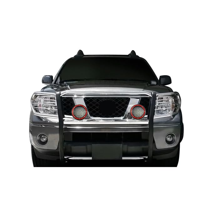 Grille Brush Black Horse Bumper Guard Modular Stainless Steel Come with Pair of 5.3" Dia.LED Lights with Red Trim Rings Compatible with 2005-2021 Frontier|2005-2007 Pathfinder-17A110200MSS-PLFR