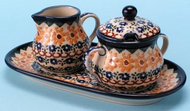 Creamer and Sugar Polish Pottery w/Tray and Spoon