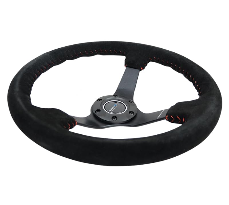 NRG Innovations Reinforced Steering Wheel NRG-RST-036MB-S-RD 3" Deep, 5mm Matte Black Spoke, 350mm Sport Steering Wheel Black Suede With Red Baseball Stitching