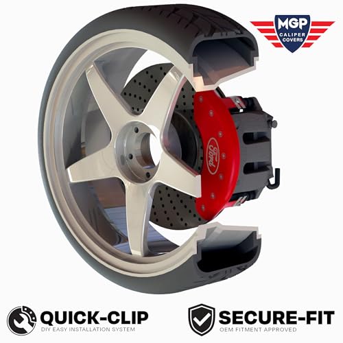 Brake Caliper Covers MGP - Compatible with 2021+ Ford F-150 (Requires 18"+ Wheels) Powder-Coated Finish, 4 PCS Front and Rear (Red - Ford Oval Engraving)