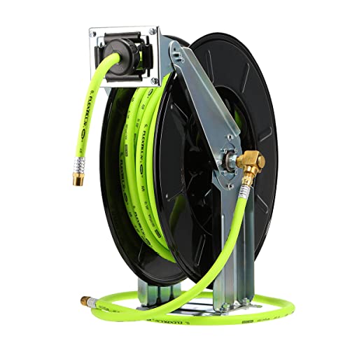 Flexzilla Pro Retractable Dual Arm Open Face Air Hose Reel, 3/8 in. x 50 ft., Heavy Duty, Lightweight, Hybrid, ZillaGreen - L8711FZ
