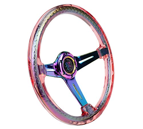 NRG Innovations Reinforced Steering Wheel NRG-RST-027MC-RD 350mm 2" Deep Dish Clear Acrylic in Red and NeoChrome Spoke Finish with Slits
