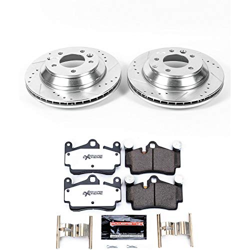 Power Stop K5312-26 Z26 Carbon Fiber Brake Pads Rear with Drilled & Slotted Brake Rotors Kit and 2 Rear Sensor Wires For Audi Q7, Porsche Cayenne, Porsche Cayenne, VW Touareg [Model Specific]