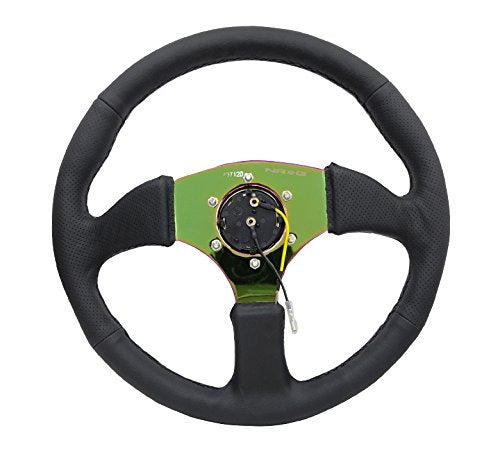 NRG Innovations Reinforced NRG-RST-023MC-R Steering Wheel 350mm Diameter 50mm Depth Sport Leather Racing (2.5" Deep) Comfort Grip, 4mm Metal Neochrome Spoke Double Riveted Spokes