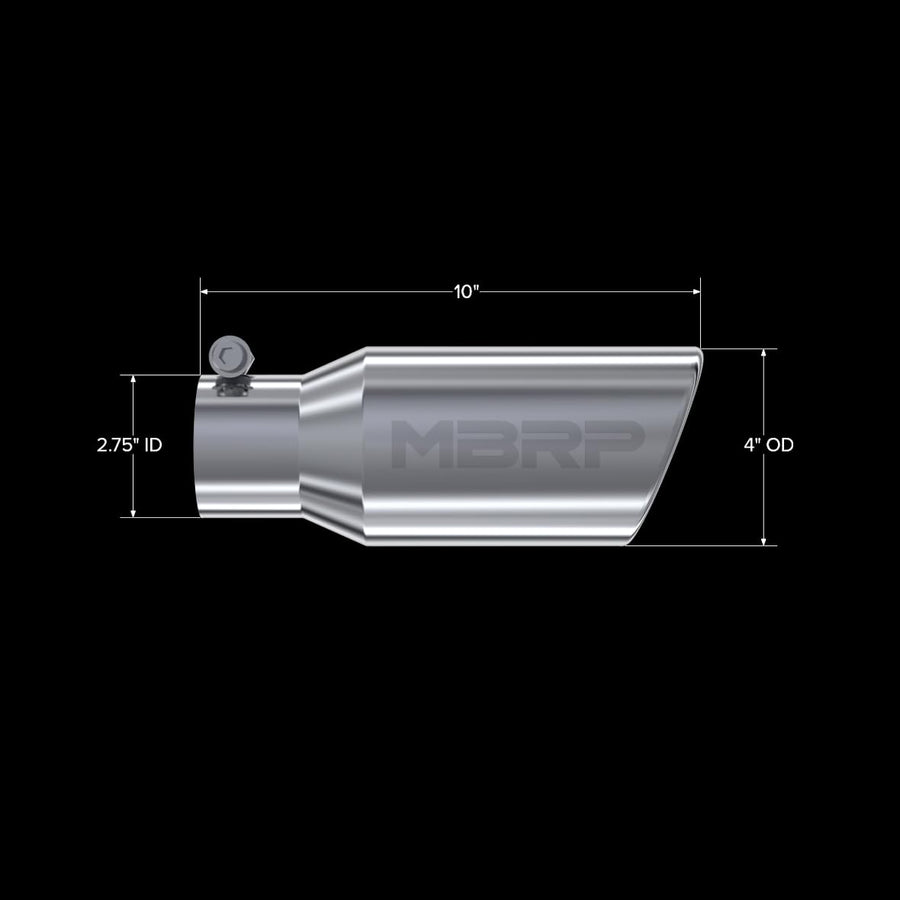T304 MBRP Angled Rolled End Tip, 4" O.D., 2 3/4" Inlet, 10" Length
