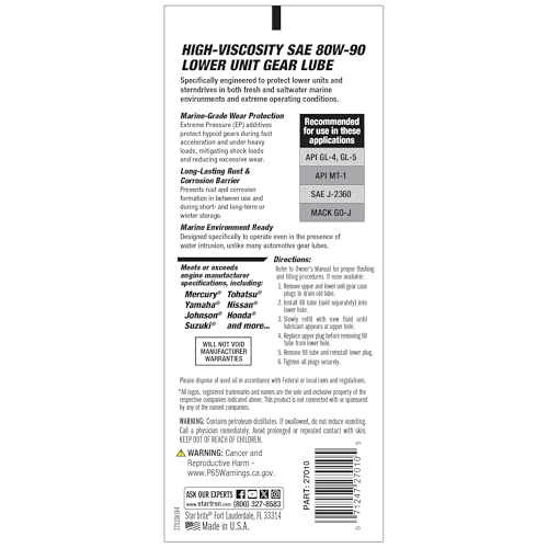 STAR BRITE High Viscosity Star Tron Lower Unit Gear Lube 80W90 - Anti-Wear, Rust & Corrosion Inhibitors, Ideal for Outboard Motors & Stern Drives - 10 OZ (027010)