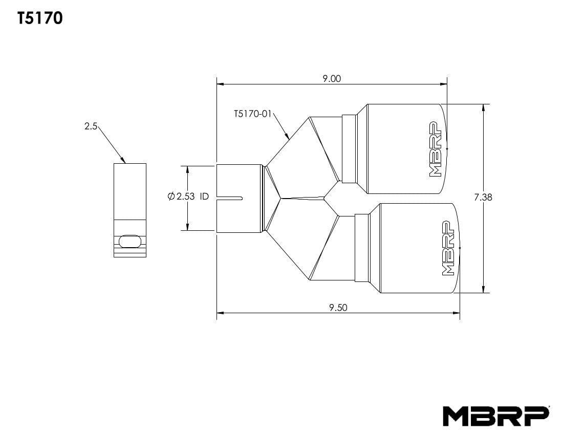 T304 Stainless Steel Tip, MBRP; 2.5" ID, Dual 3.5" OD Out, 9.5" length, Single wall