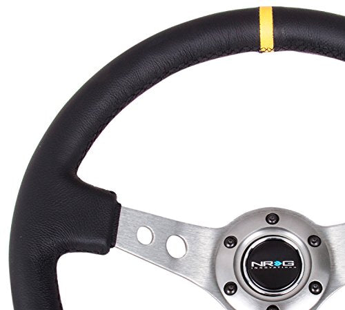 NRG Innovations Reinforced NRG-RST-006GM-Y Steering Wheel 350mm Sport Steering Wheel (3" Deep) Gun Metal Spoke With Round Holes/Black Leather/Yellow Center Mark Stripe Deep Dish 6-Bolt