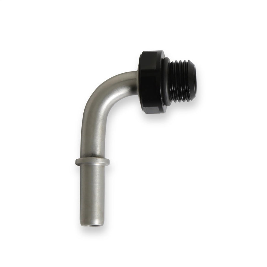 Fitting - Fuel Line Adapter - EARLS 935056ERL - 90 Degree - 5/16 in SAE Male Quick Disconnect to 6 an ORB - Stainless - Aluminum - Black Anodized - Each