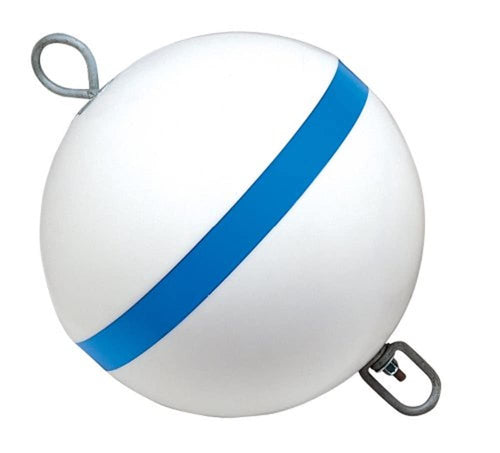 Taylor Made Mooring Sur-Moor Buoy, White 24" Ball with Reflective Blue Stripe, Hot-Dipped Galvanized Steel Hardware - 22174