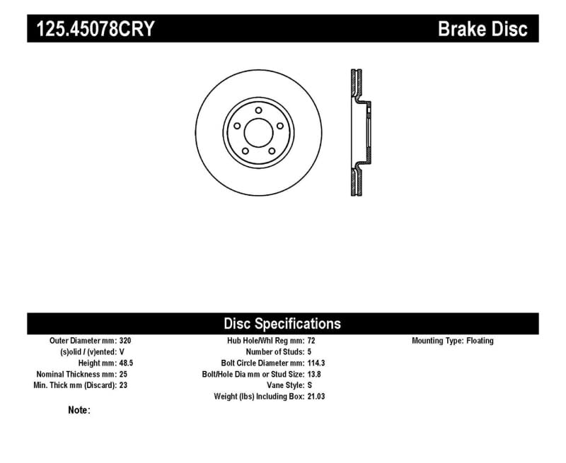 Brake Rotor StopTech 125.45078CRY