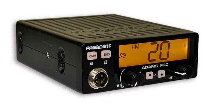 Adams President FCC CB Radio. Large LCD with 7 Colors, Programmable EMG Channel Shortcuts, Roger Beep and Key Beep, Electret or Dynamic Mic, ASC and Manual Squelch, Talkback
