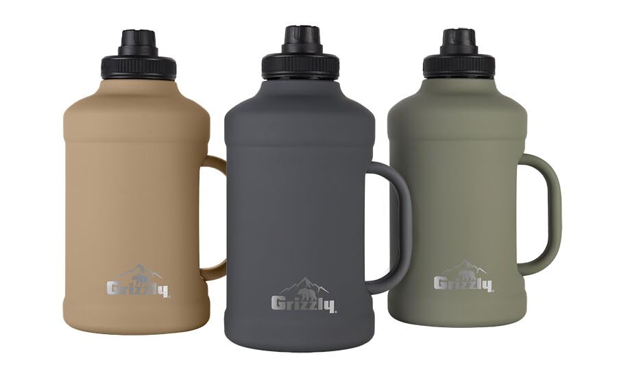 64oz Grizzly Water Bottle | Vacuum Insulated | Leak Resistant Lid | Stainless Steel | Heavy Duty Handle | For Gym Hiking Beach Sports Camping | Stealth Gray