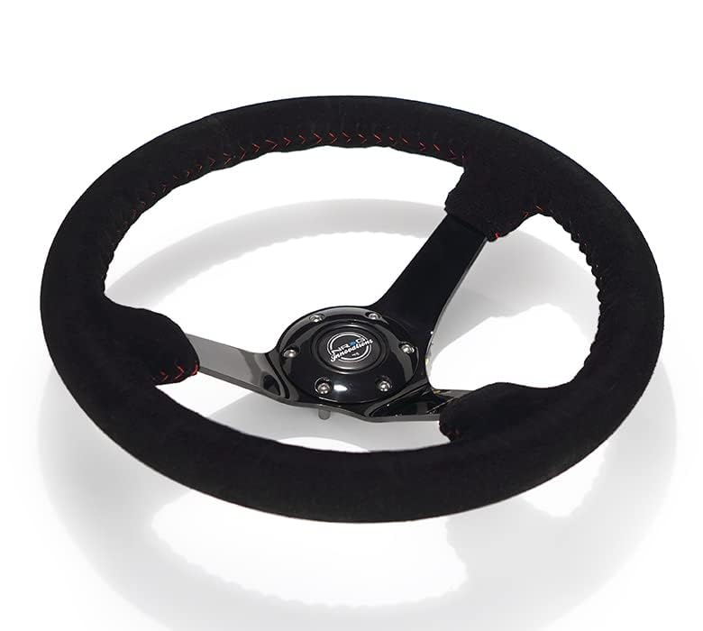 NRG Innovations Reinforced NRG-RST-033BK-S Steering Wheel 330mm Diameter Sport Suede Racing (3" Deep) Comfort Grip, 4mm Matte Black Spoke With Criss Cross Stitching, Perforated Leather Or Suede