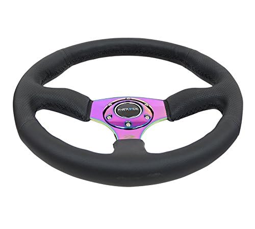 NRG Innovations Reinforced NRG-RST-023MC-R Steering Wheel 350mm Diameter 50mm Depth Sport Leather Racing (2.5" Deep) Comfort Grip, 4mm Metal Neochrome Spoke Double Riveted Spokes