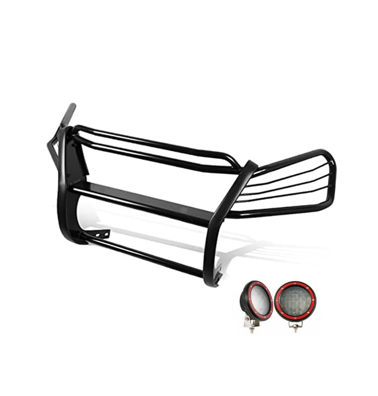 Bumper Guard Black Horse Grille brush Modular Come With Pair of 5.3" Dia.LED Lights with Red Trim Rings Compatible with 1997-2001 Honda CR-V-PG24001MA-PLFR