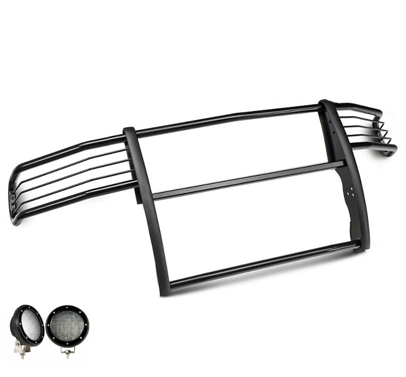 Grille Brush Black Horse Bumper Guard Modular Black Come with Pair of 5.3" Dia.LED Lights with Black Trim Rings Compatible with 2003-2005 Dodge Ram 1500/2500/3500-17DG105MA-PLFB