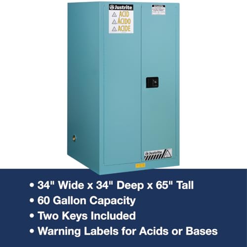 Justrite Storage Cabinet Acid Corrosive - 60 Gallon 2 Door Manual Close Chemical Cabinet with ChemCor® Coating - 34" x 65" x 34" - Made in The USA - Light Blue - 8960022