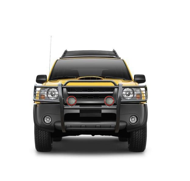 Grille Brush Black Horse Bumper Guard Modular Black Come with Pair of 5.3" Dia.LED Lights with Red Trim Rings Compatible with 2000-2004 Nissan Frontier|2000-2004 Nissan Xterra-17NI26MA-PLFR