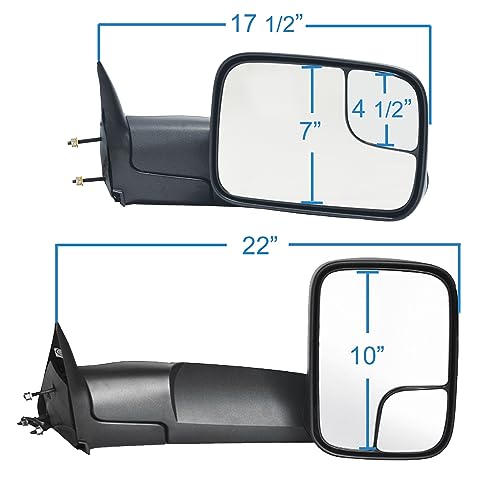 K Source Towing Mirror Passenger-Side – For 1998-2002 Ram 1500, 2500, 3500, Textured Black, Foldaway, Flip-Out Extended View, Spot Mirror