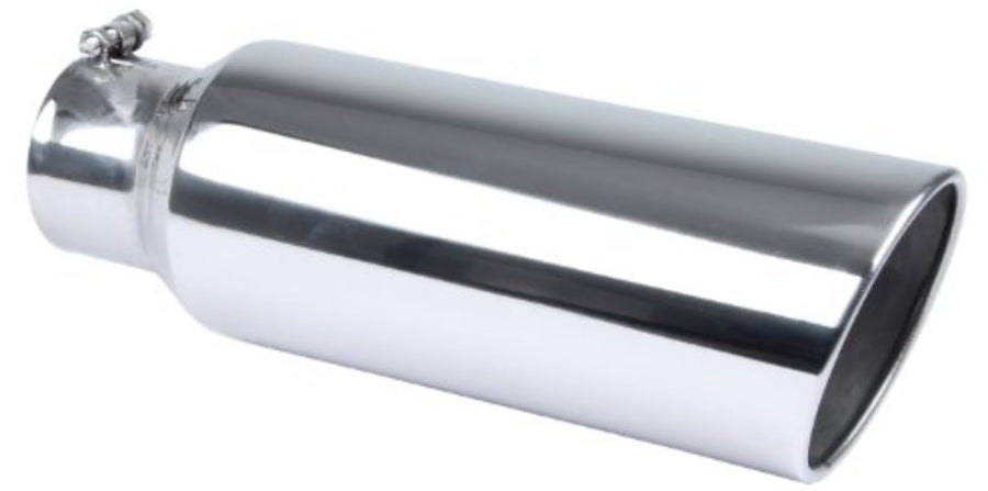 Pypes Exhaust Performance Tip, Monster, Clamp-On, 4 in Inlet, 6 in Round Outlet, 18 in Long, Single Wall, Rolled Edge, Angled Cut, Stainless, Polished, Each