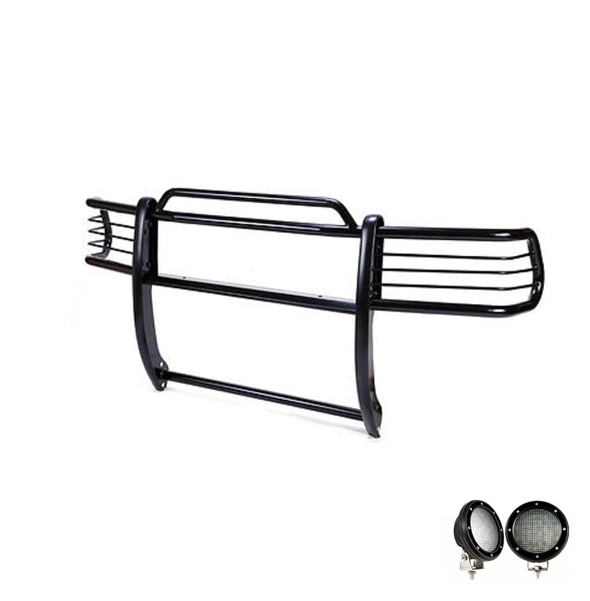 Grille Brush Black Horse Bumper Guard Modular Black Come with Pair of 5.3" Dia.LED Lights with Black Trim Rings Compatible with 1997-2004 Dodge Dakota|2000-2003 Dodge Durango-17BH23MA-PLFB
