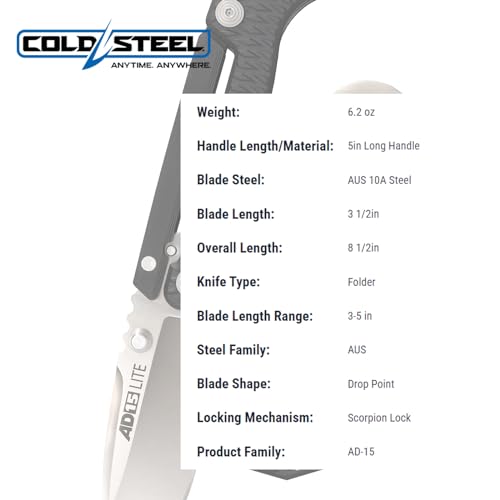 COLD STEEL AD-15 Lite 3.5" Ultra-Sharp AUS10A Steel Blade 5" Griv-Ex Handle Tactical Folding Knife - Scorpion Lock, Pocket/Belt Clip