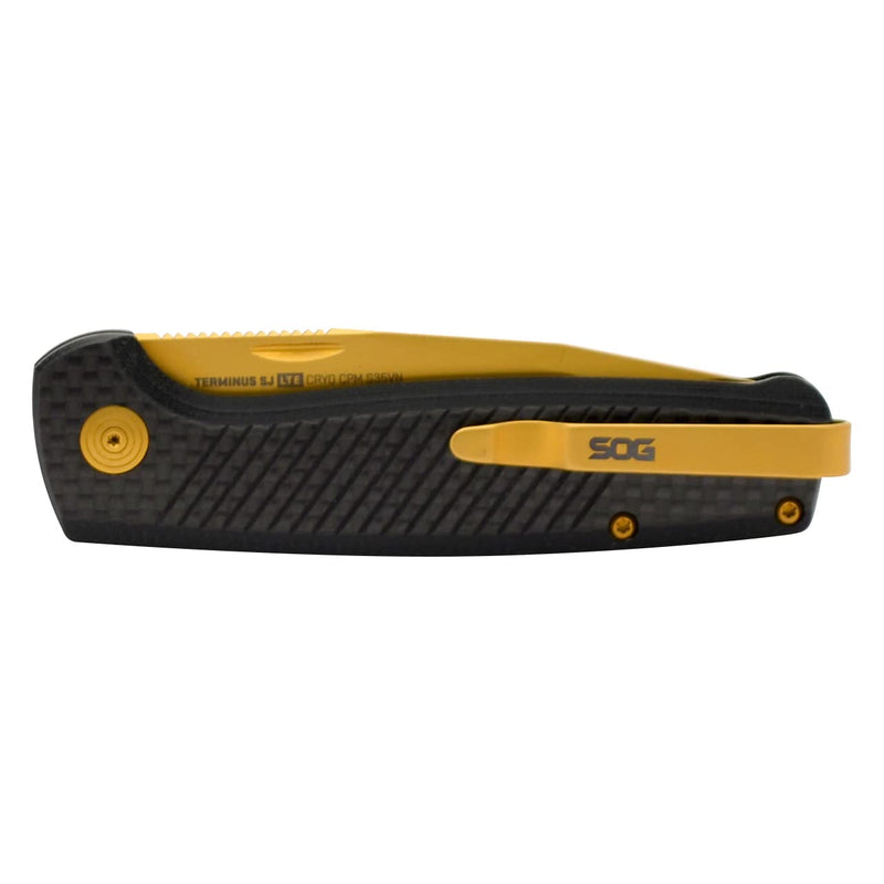 SOG Lightweight Terminus SJ LTE Everyday Carry Ambidextrous S35VN Steel 2.9" Sharp Blade Folding Knife | Slip Joint, Carbon/Gold